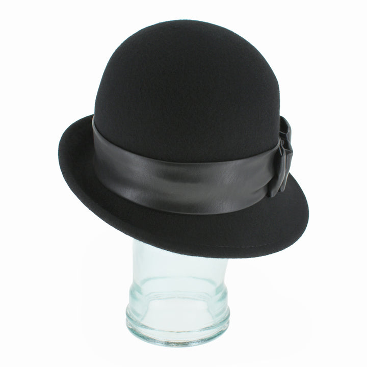 Top view of Carabelle black cloche highlighting crown shape and leather band detail