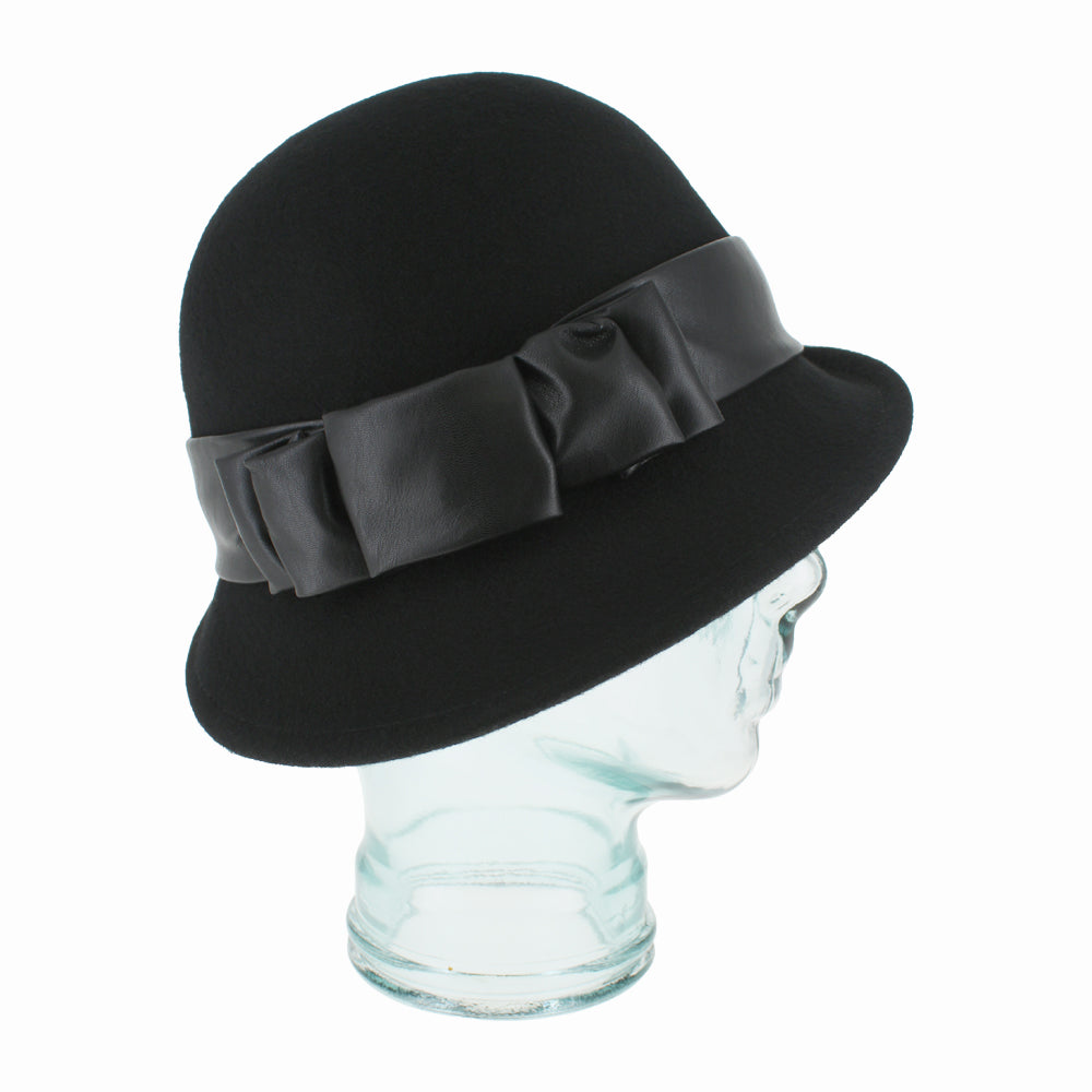 Side view of Carabelle black cloche with curved brim and folded faux leather band