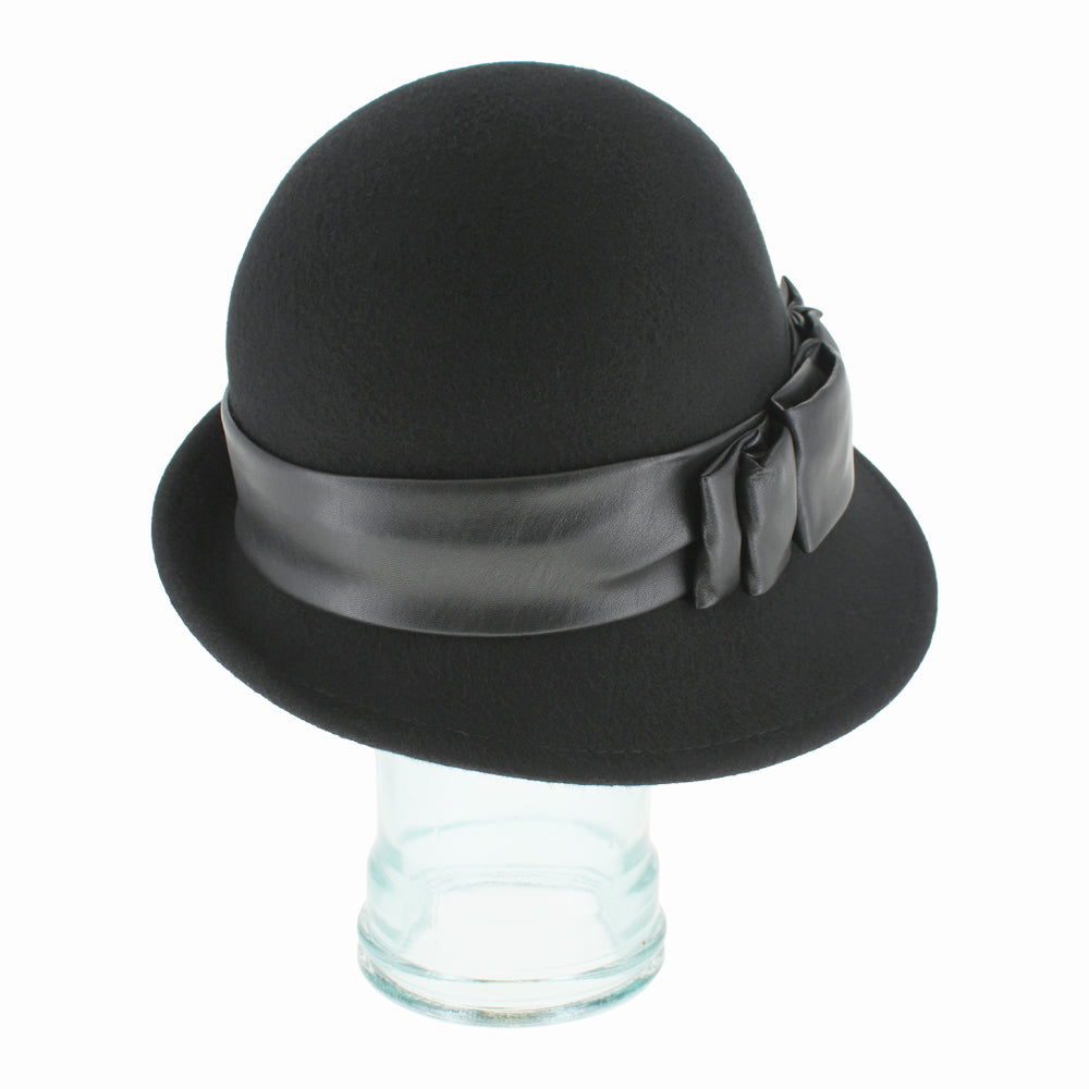 Angled shot of Belfry Carabelle black wool hat showcasing elegant cloche styling