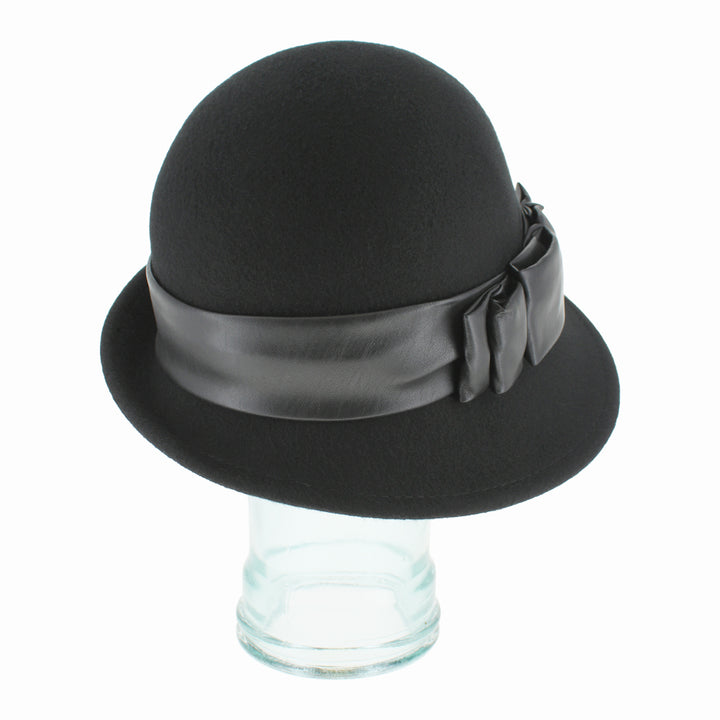 Angled shot of Belfry Carabelle black wool hat showcasing elegant cloche styling