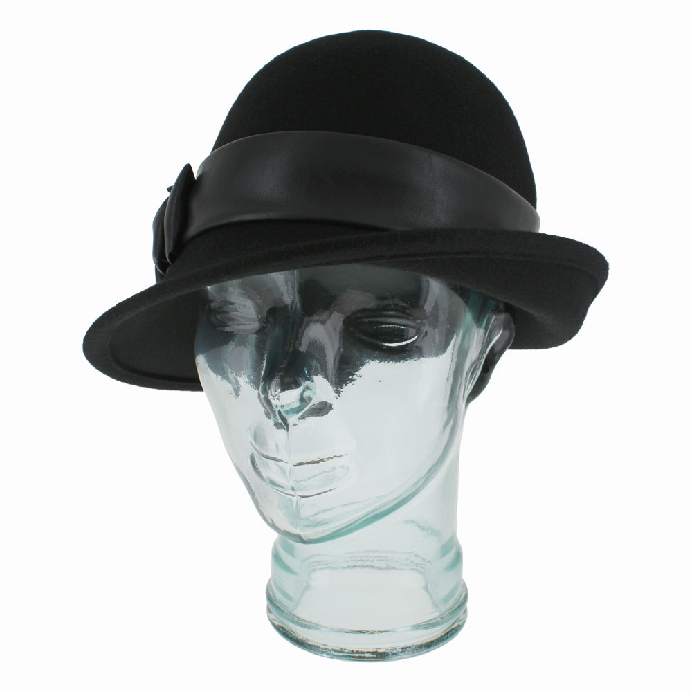 Close-up of Carabelle black wool cloche with sculpted faux leather hat band
