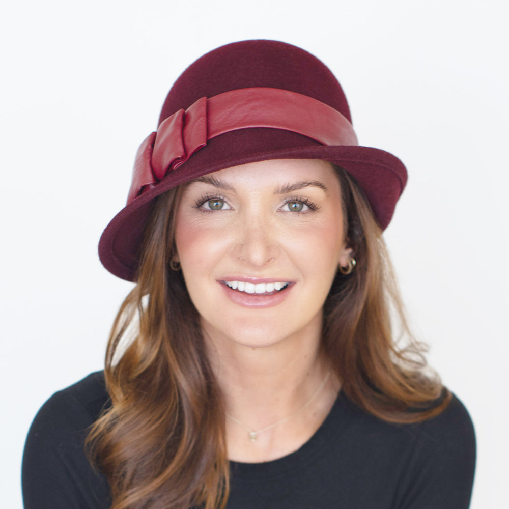 Belfry Carabelle wine wool cloche with hand-folded faux leather band for a vintage look