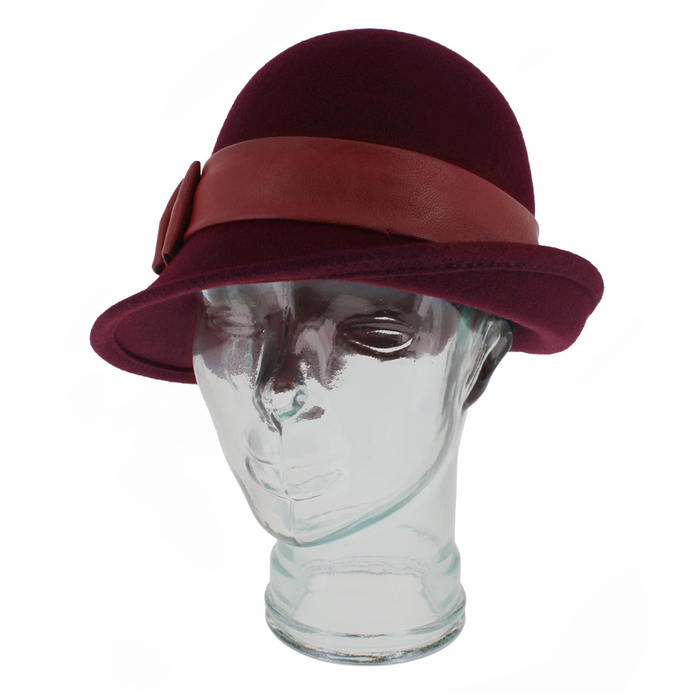 Close-up of Carabelle wine cloche hat showing wool texture and folded leather band