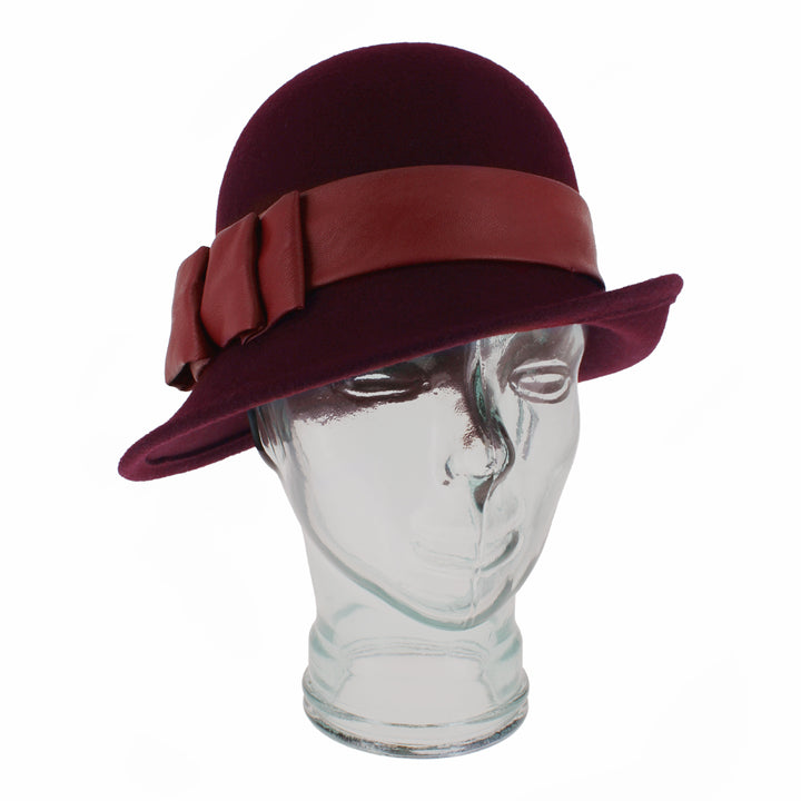 Wine Belfry Carabelle cloche hat featuring smooth wool body and elegant leather band