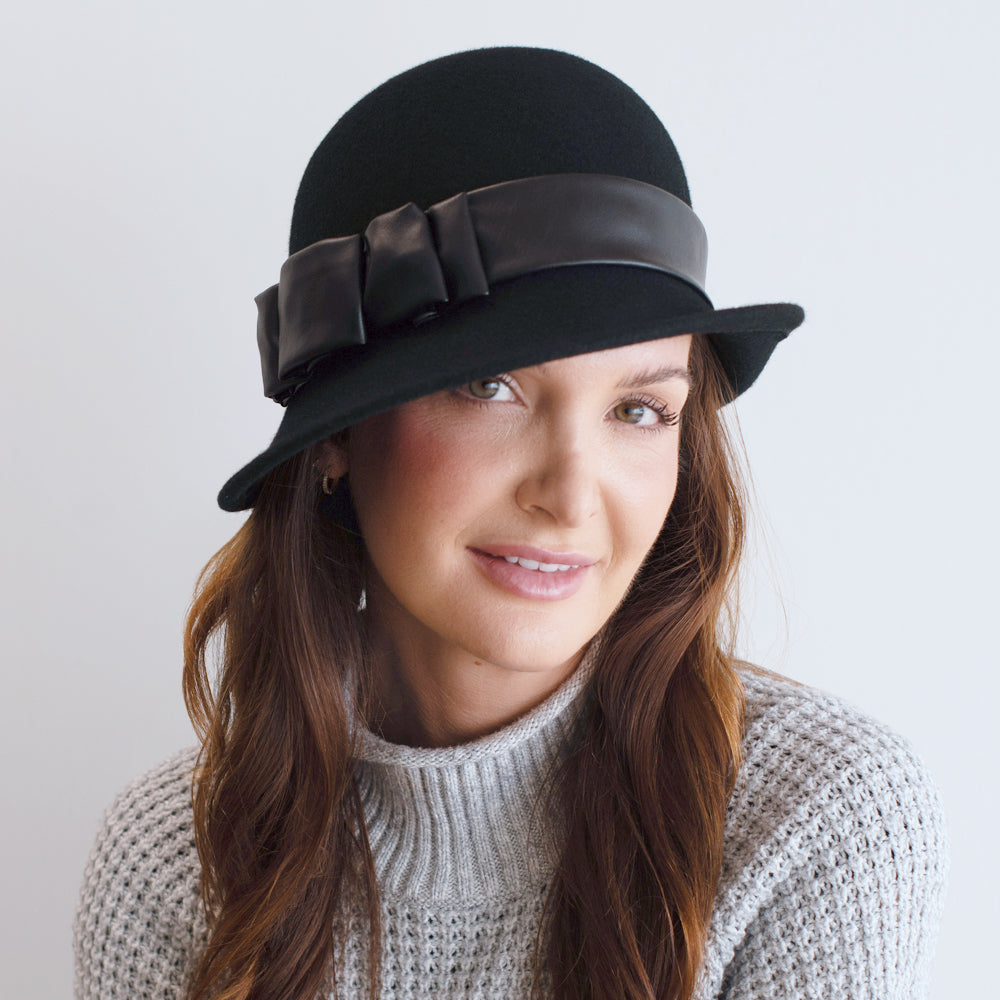 Belfry Carabelle black wool cloche with hand-folded faux leather band and vintage flair