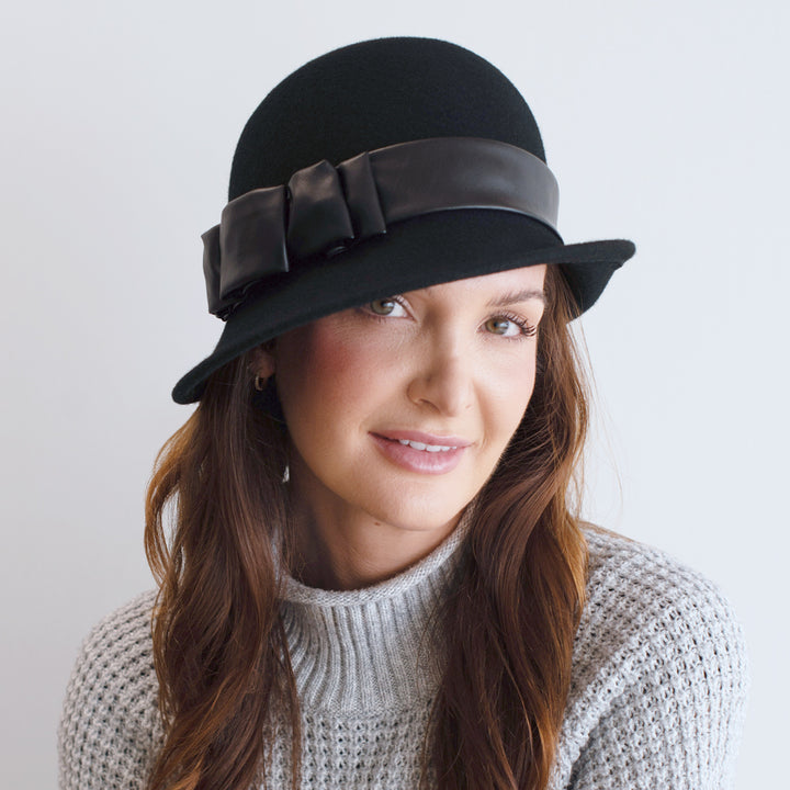 Belfry Carabelle black wool cloche with hand-folded faux leather band and vintage flair