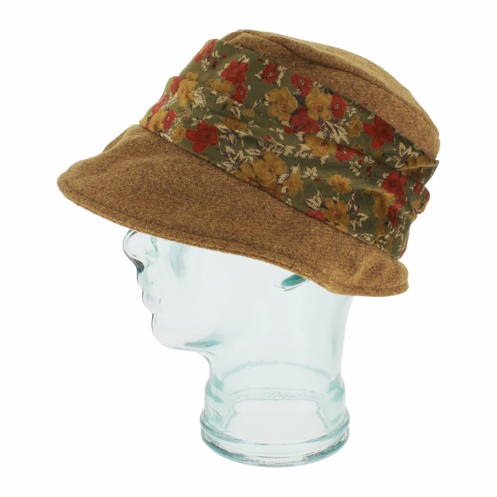 Gold Belfry Cassio cloche with warm Shetland wool body and decorative velvet floral band