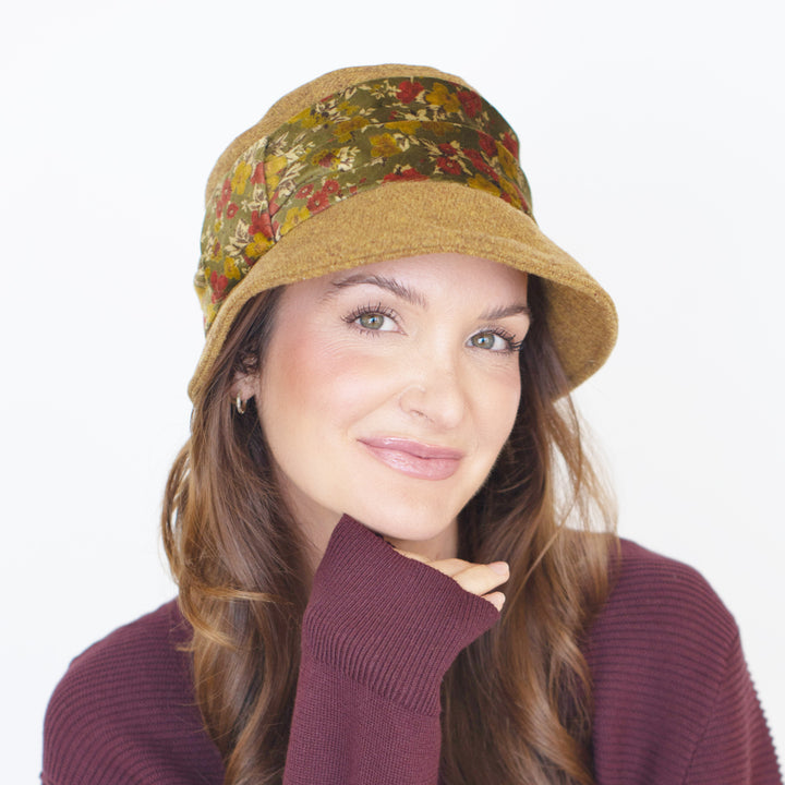 Belfry Cassio gold Shetland wool cloche with floral velvet band and fully lined interior