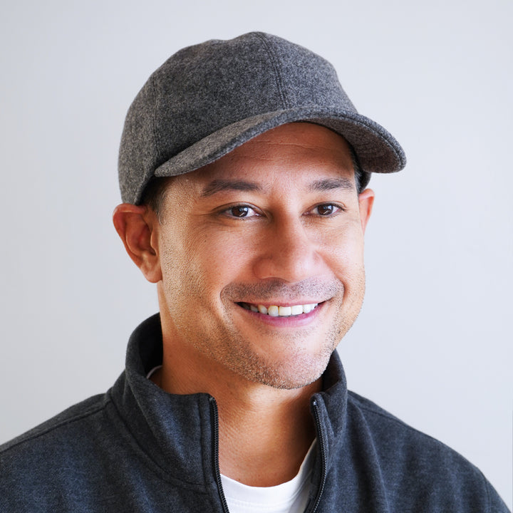 Grey Wigens Cedric wool baseball cap with 6-panel design, longer bill and drop-down ear flaps for warm fall winter wear