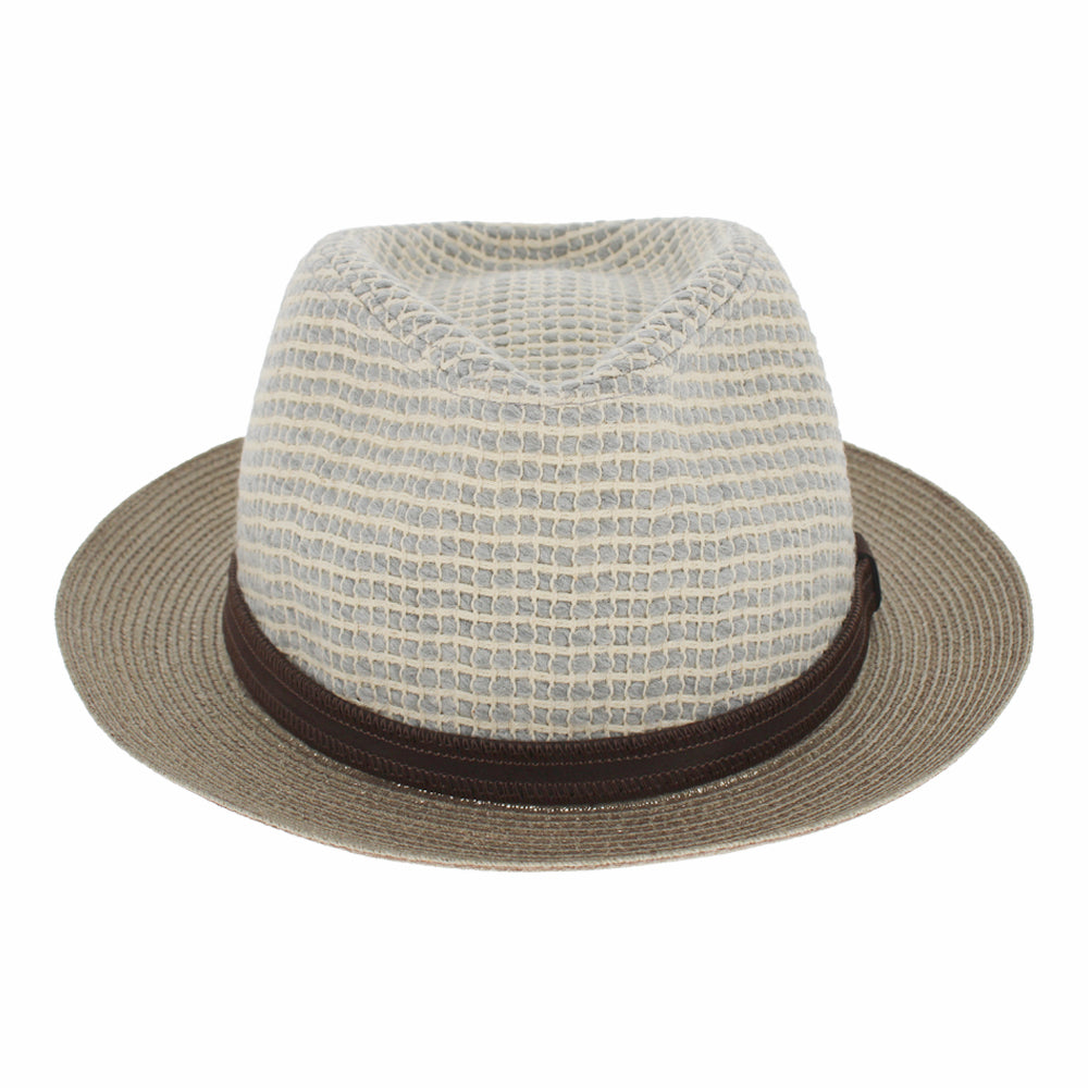 taupe and white cotton fedora with hemp brim