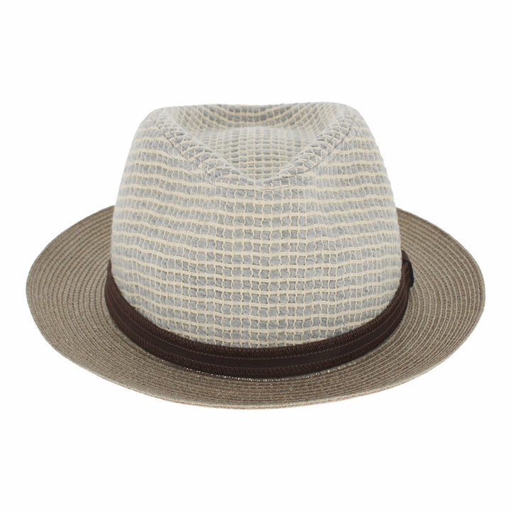 taupe and white cotton fedora with hemp brim