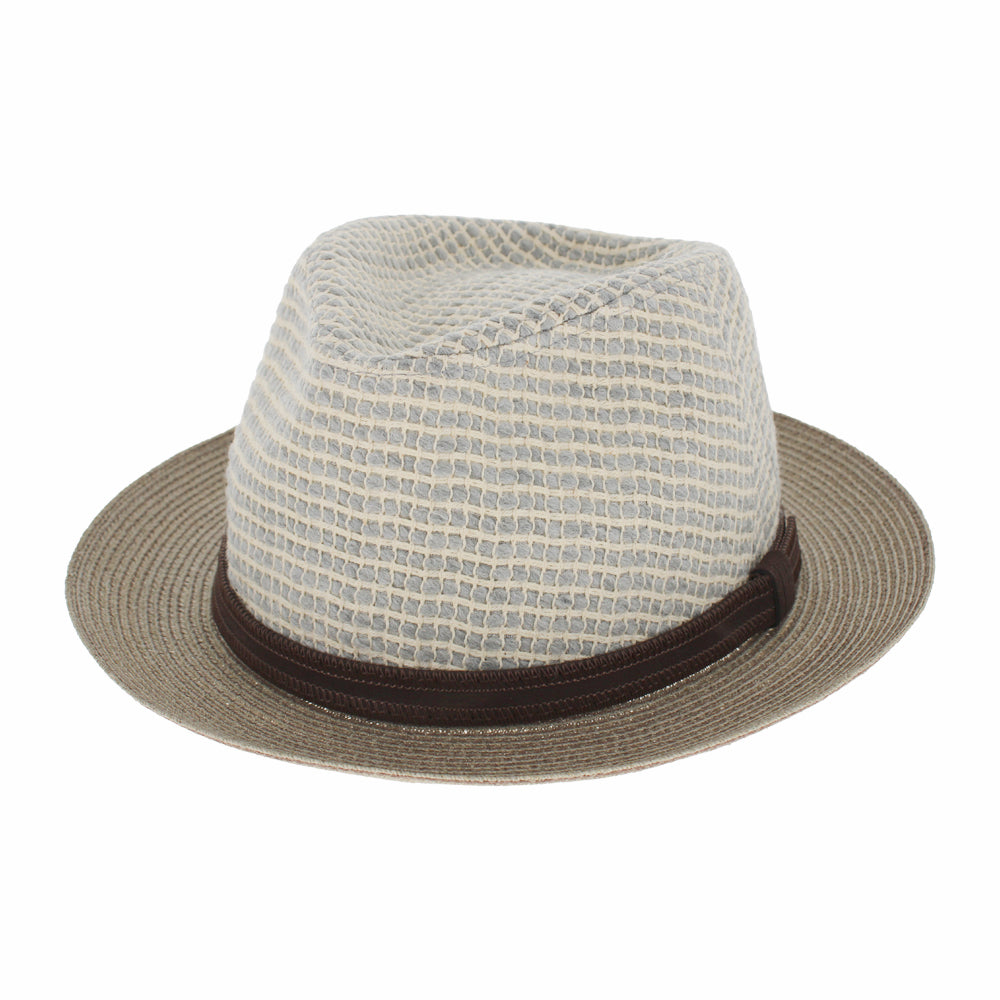taupe and white cotton fedora with hemp brim