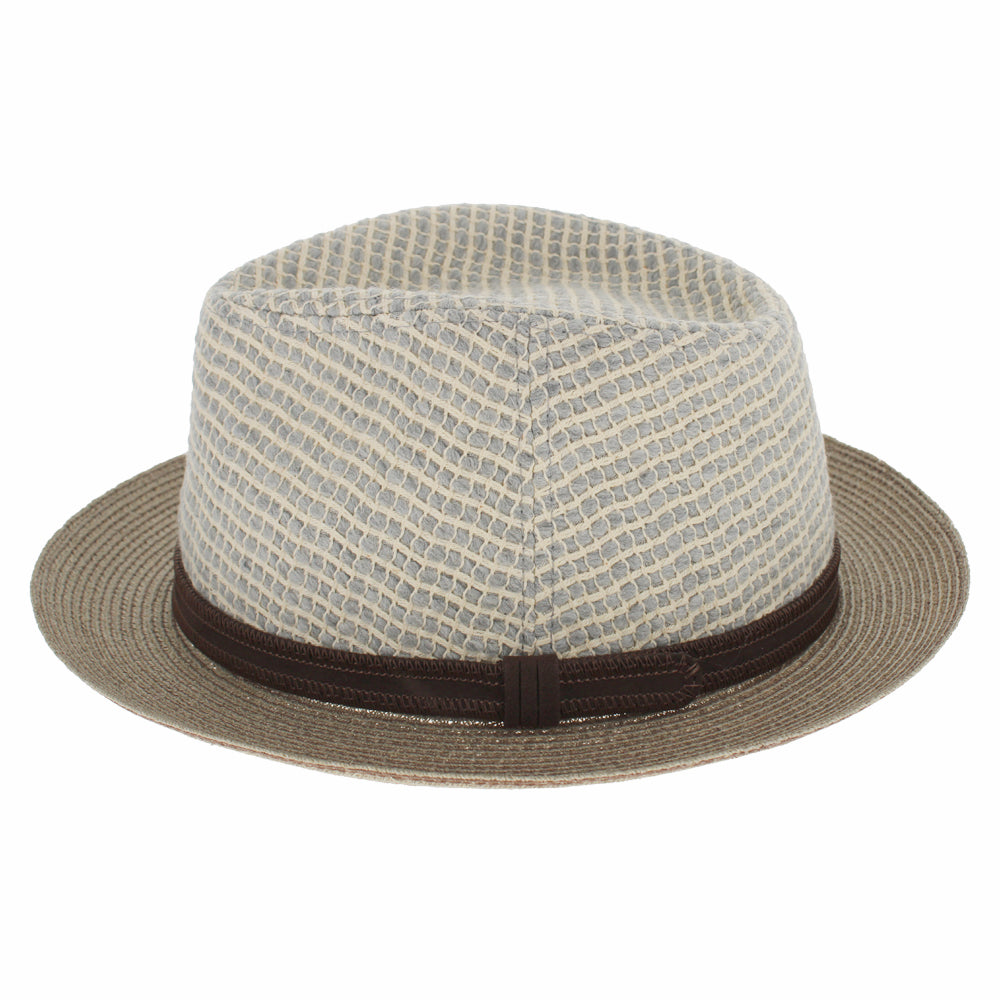 taupe and white cotton fedora with hemp brim