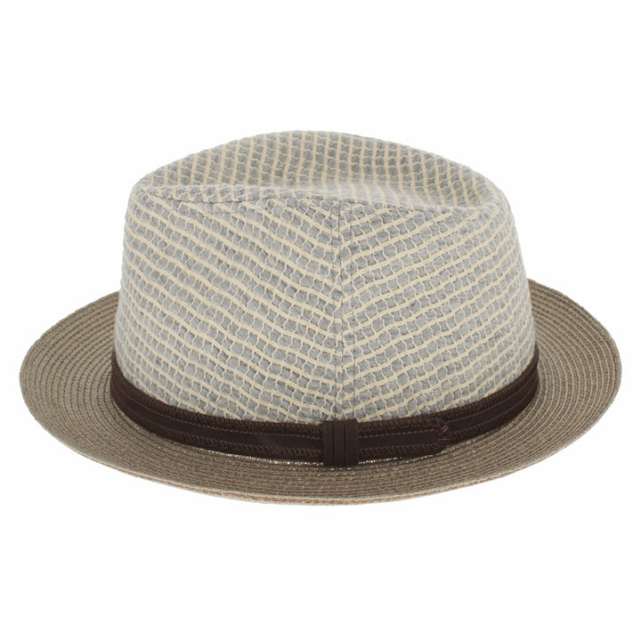 taupe and white cotton fedora with hemp brim