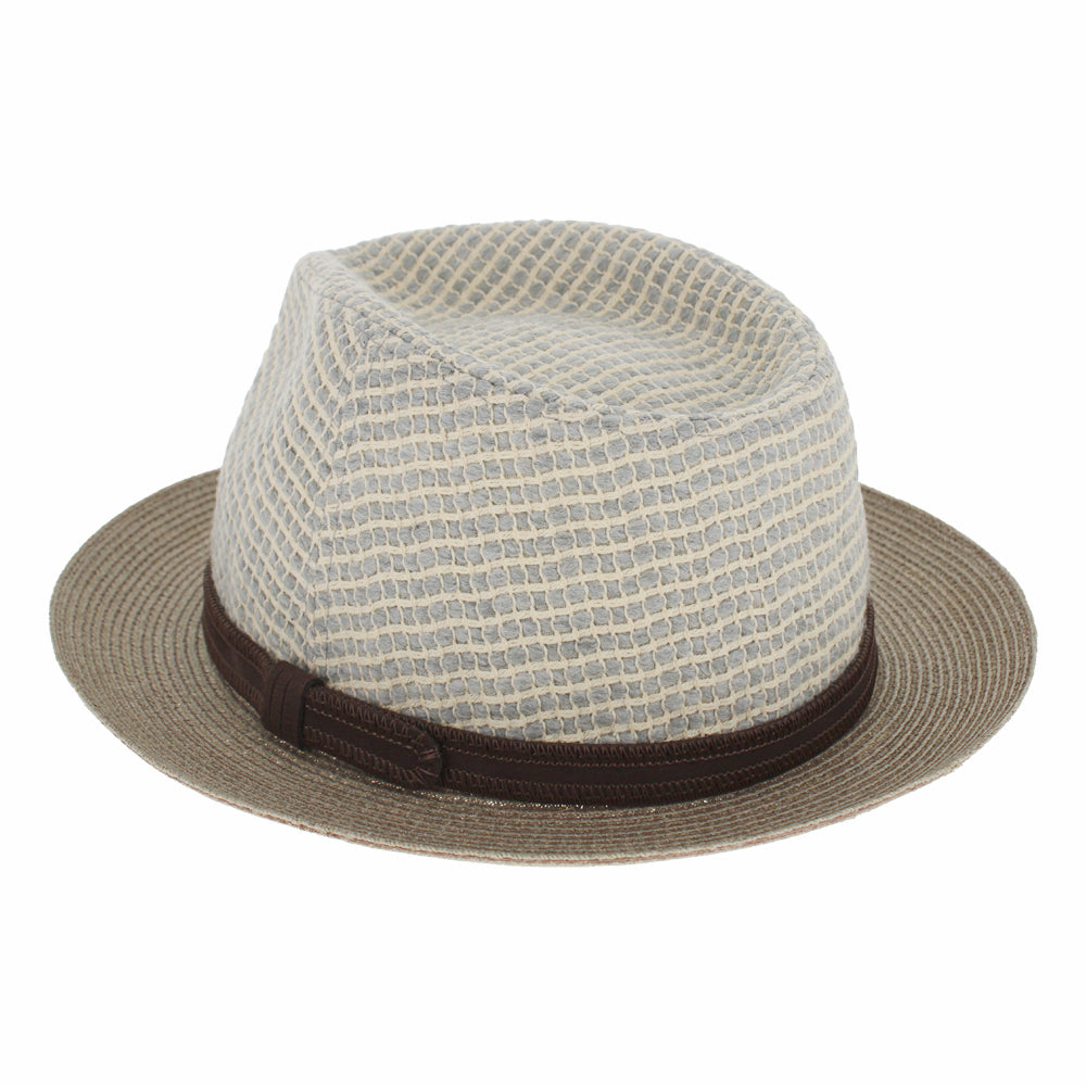 taupe and white cotton fedora with hemp brim