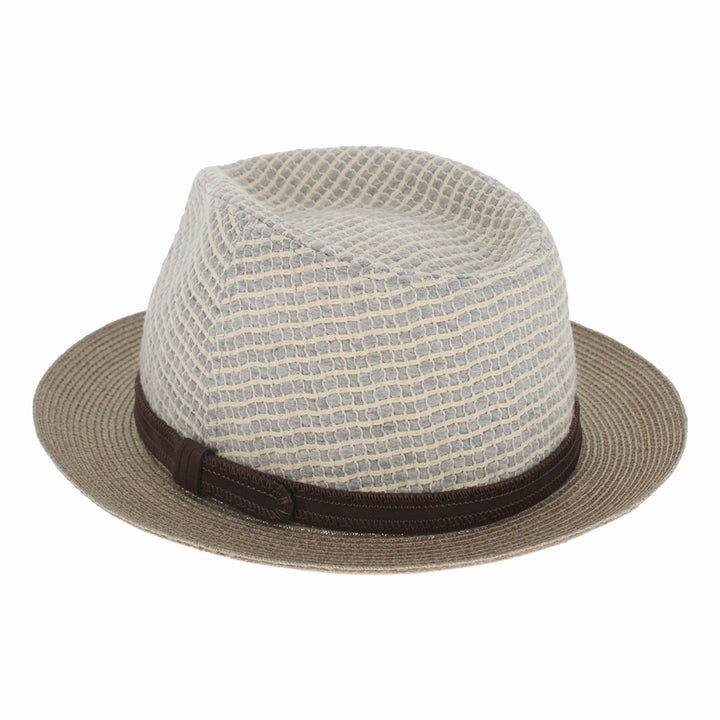taupe and white cotton fedora with hemp brim
