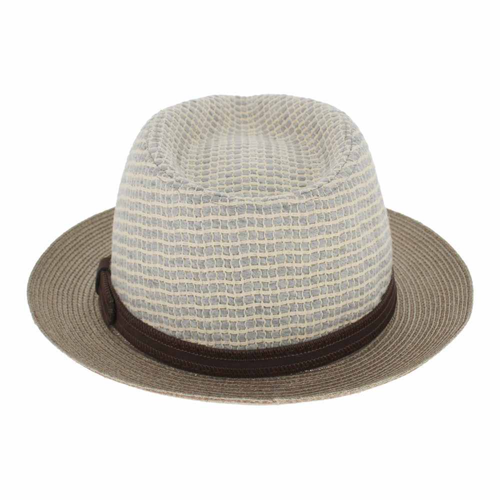 taupe and white cotton fedora with hemp brim