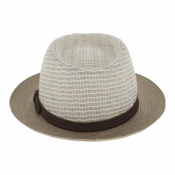 taupe and white cotton fedora with hemp brim