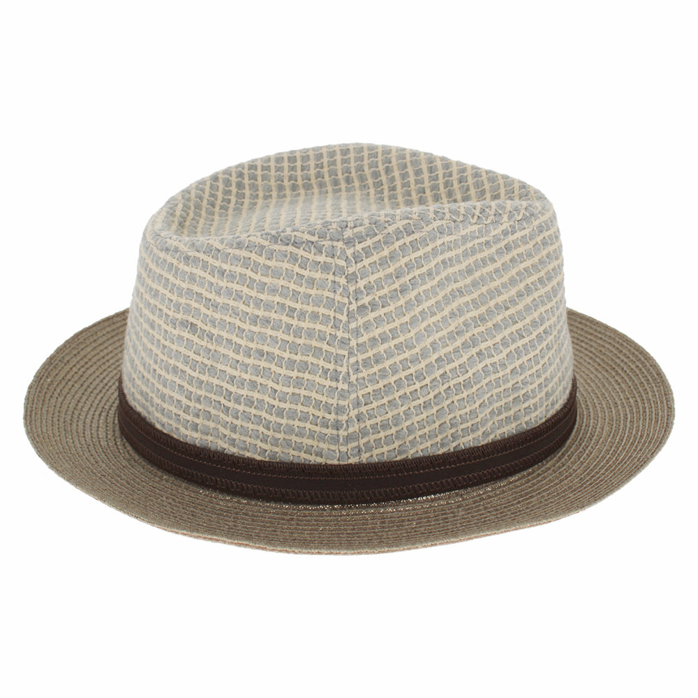 taupe and white cotton fedora with hemp brim