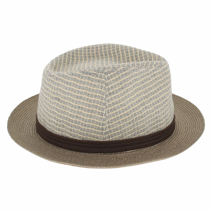 taupe and white cotton fedora with hemp brim