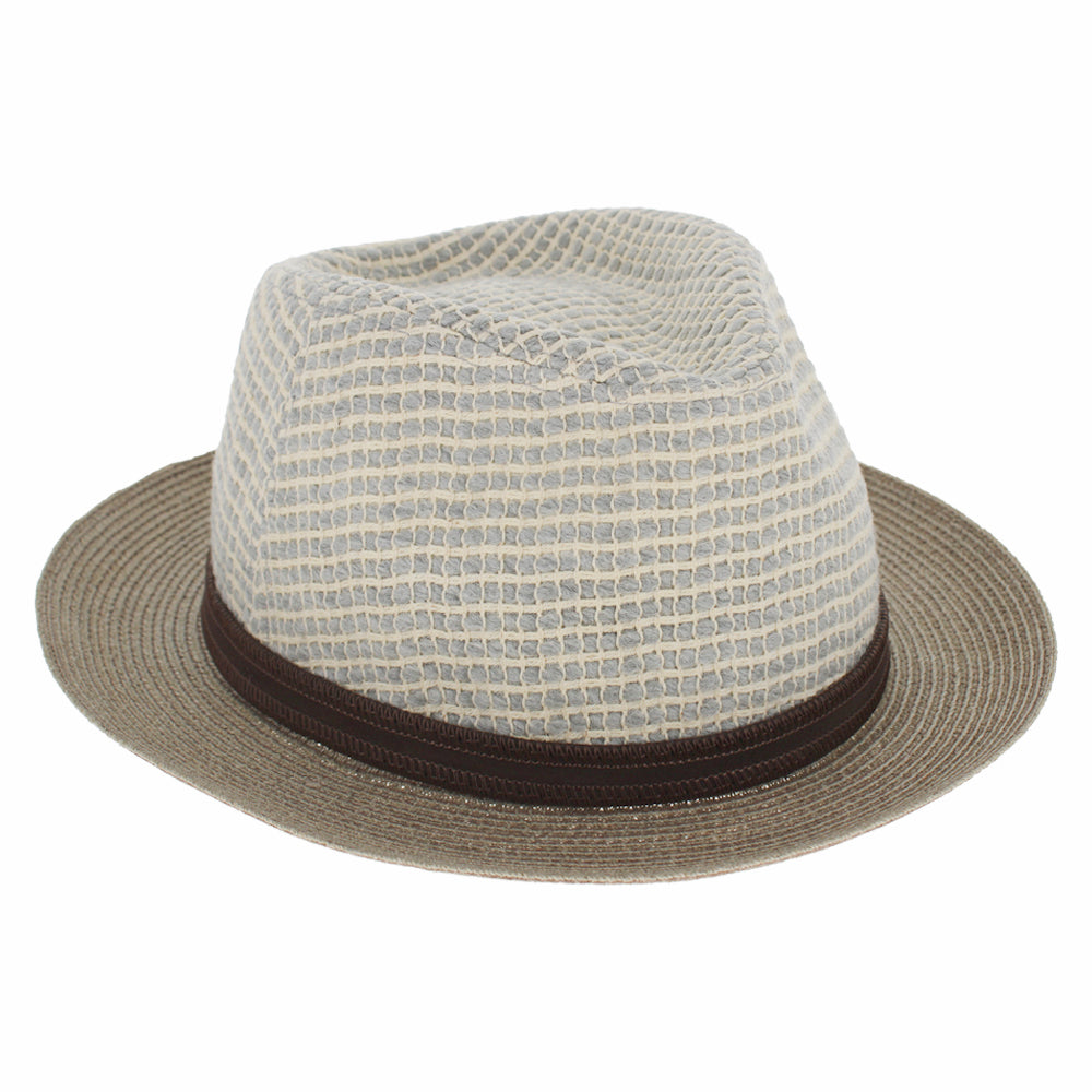 taupe and white cotton fedora with hemp brim
