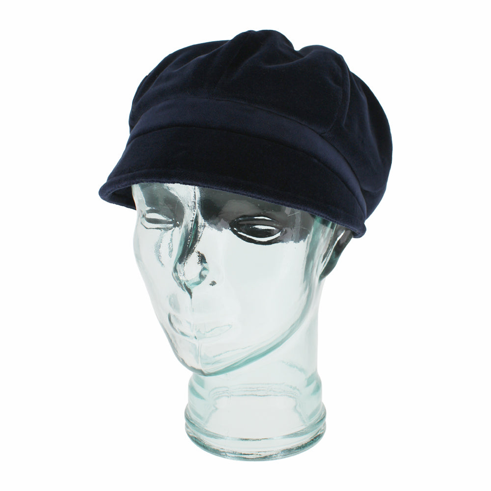 Close-up of Belfry Dania navy 8-panel cap showing soft velvet and clean detailing