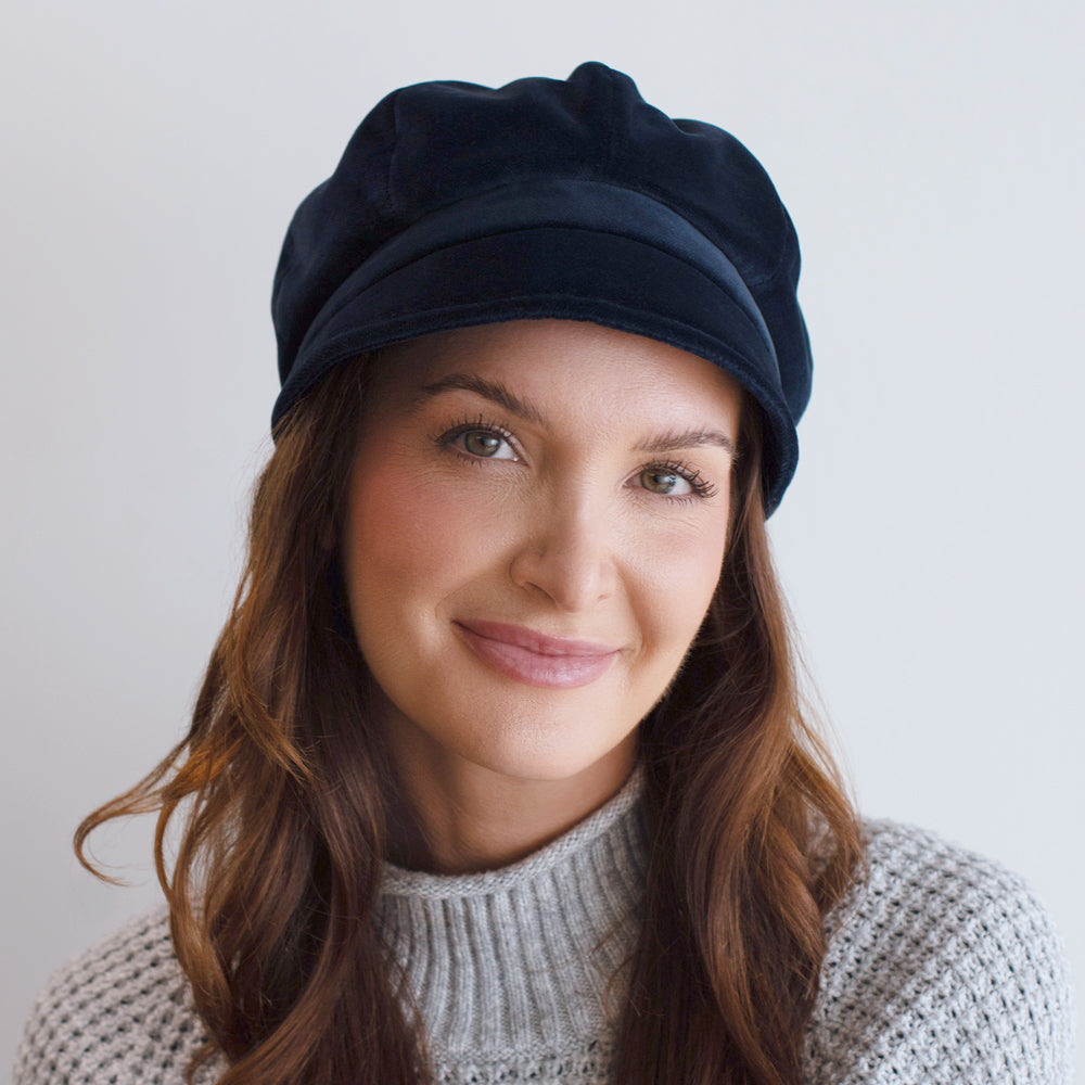 Belfry Dania navy velvet mod cap with classic 8-panel design and soft cotton comfort