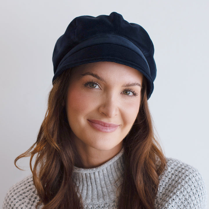 Belfry Dania navy velvet mod cap with classic 8-panel design and soft cotton comfort