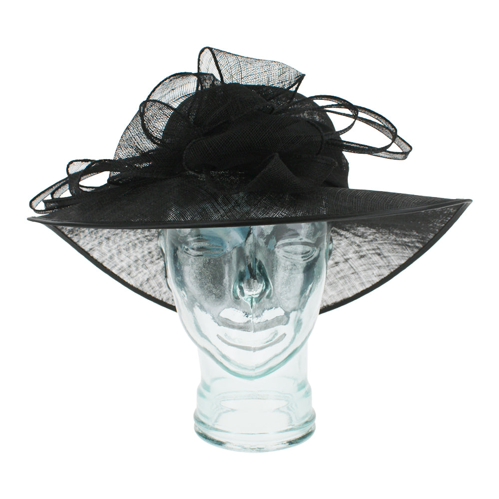 Black sinamay dress hat designed for weddings garden parties and special occasions