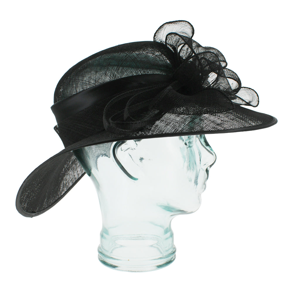 Belfry Delfina black dress hat with sinamay straw and tonal satin band detail