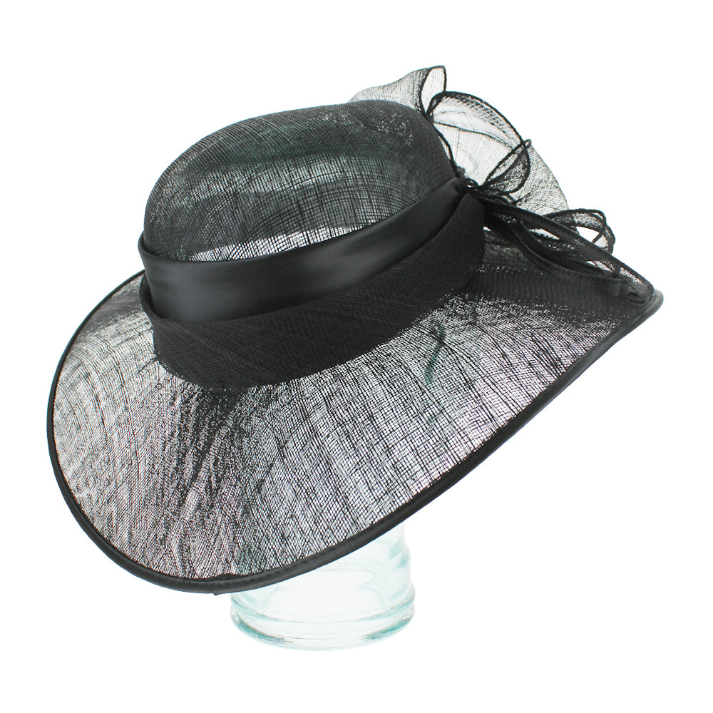 Black medium brim dress hat in sinamay straw with refined lightweight design