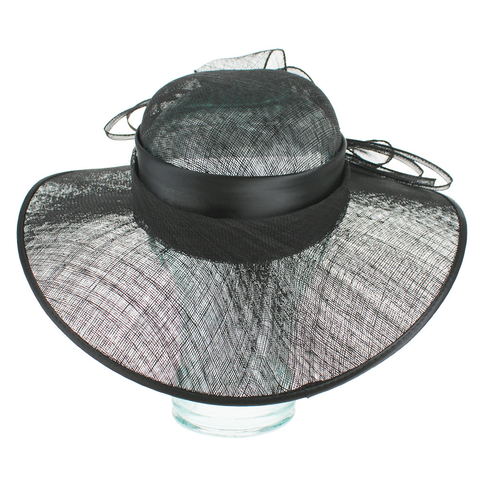 Elegant black sinamay dress hat with structured shape for weddings and events