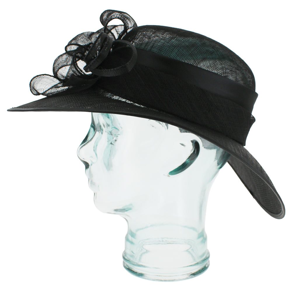 Black dress hat with medium brim and coordinating band for formal styling