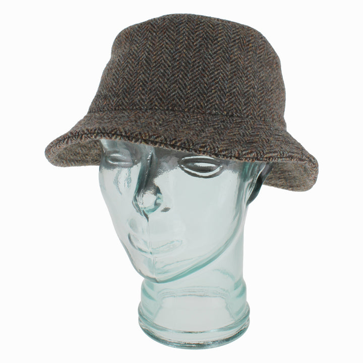Side view of Herringbone Desi wool bucket hat showing multicolor herringbone pattern for fall winter outfits