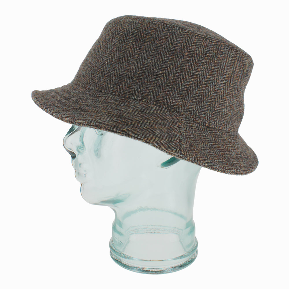 Close-up of Herringbone Belfry Desi bucket hat in virgin wool with warm lined interior for winter comfort