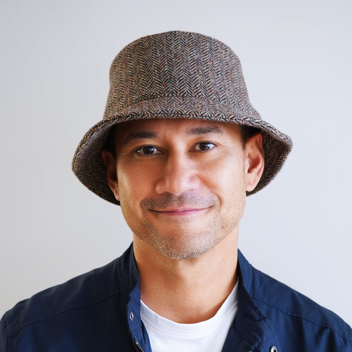 Herringbone Belfry Desi wool bucket hat with multicolor pattern, warm and lined for cozy fall winter wear