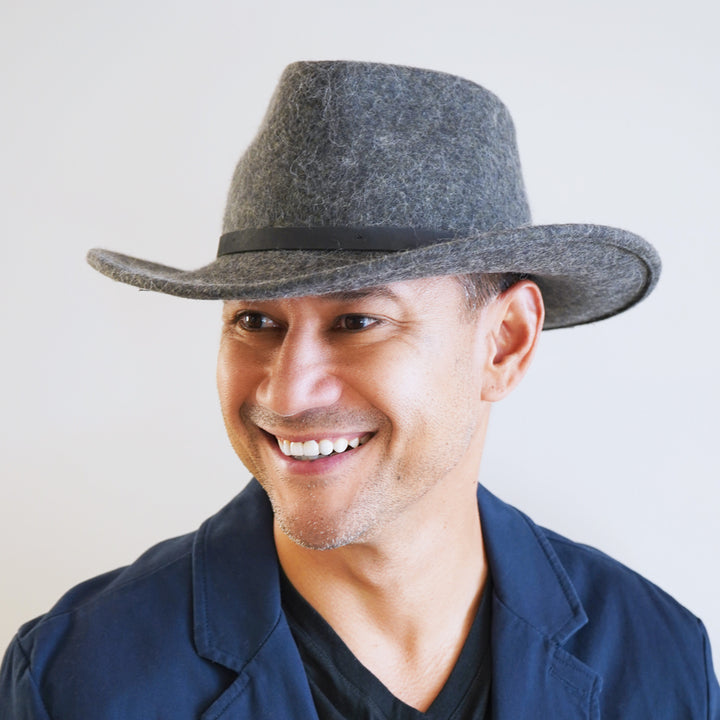 Grey Belfry Diego alpaca wool wide-brim safari hat with leather band, water-repellent for fall winter adventures