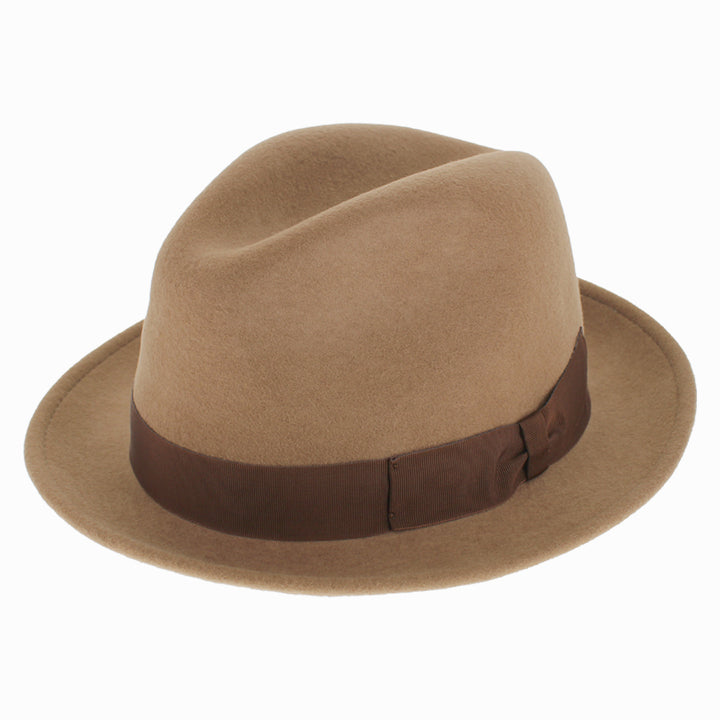 Side view of Argill Dolore wool felt fedora showing stingy brim and sleek center crease for fall winter outfits