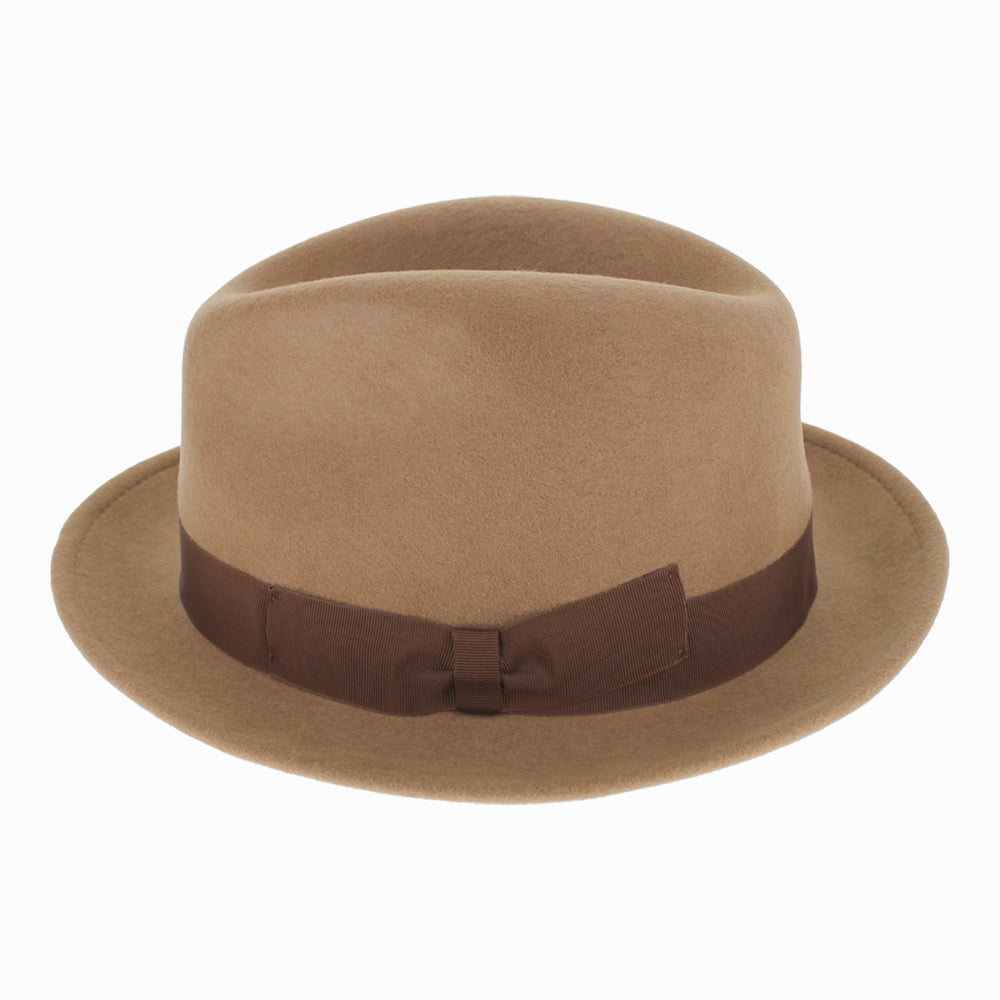 Close-up of Argill Belfry Dolore wool fedora with grosgrain band for classic fall winter styling
