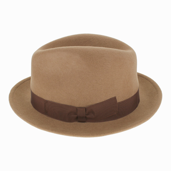 Close-up of Argill Belfry Dolore wool fedora with grosgrain band for classic fall winter styling