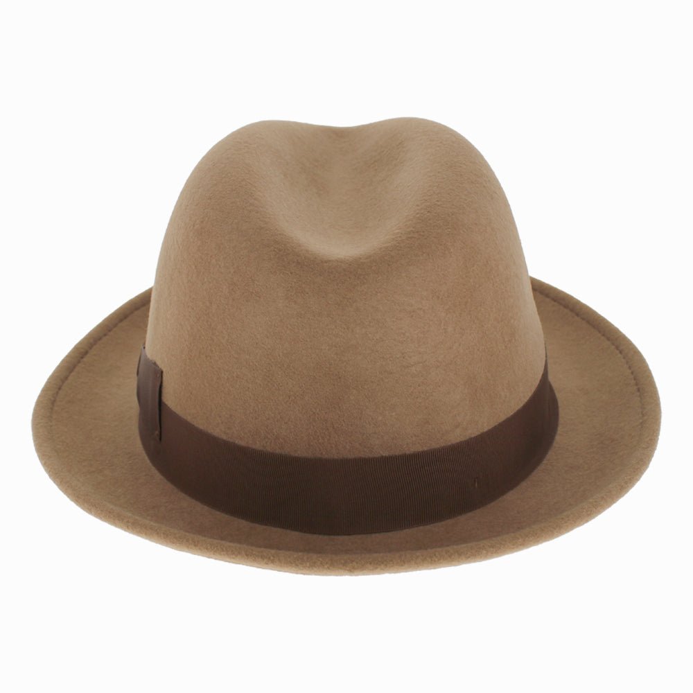 Detail shot of Argill Belfry Dolore wool felt fedora showing texture and refined grosgrain ribbon