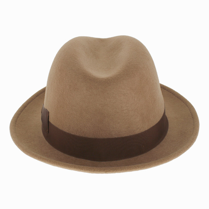 Detail shot of Argill Belfry Dolore wool felt fedora showing texture and refined grosgrain ribbon