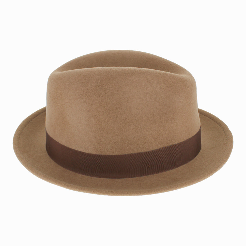Back angle of Argill Dolore stingy-brim wool fedora for clean, classic fall winter fashion
