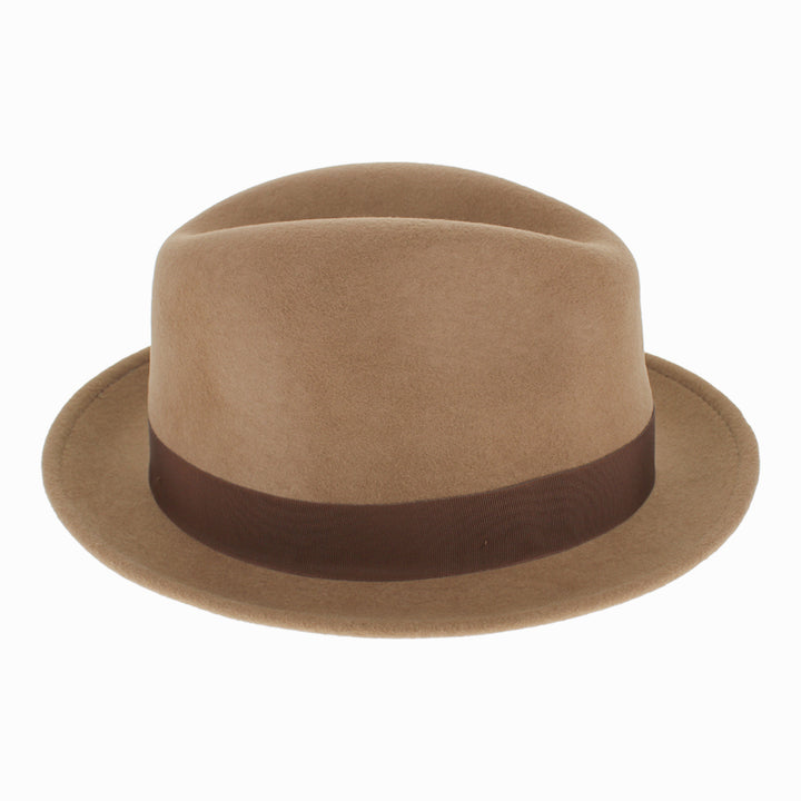 Back angle of Argill Dolore stingy-brim wool fedora for clean, classic fall winter fashion