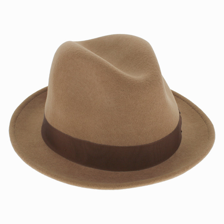 Model wearing Argill Belfry Dolore wool fedora with stingy brim for stylish fall winter outfits