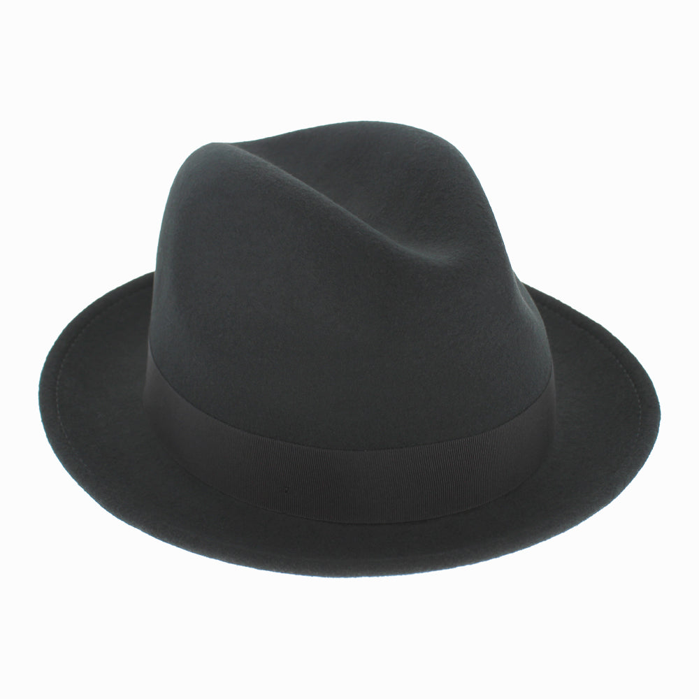 Back angle of Black Dolore stingy-brim wool fedora crafted for sharp fall winter looks