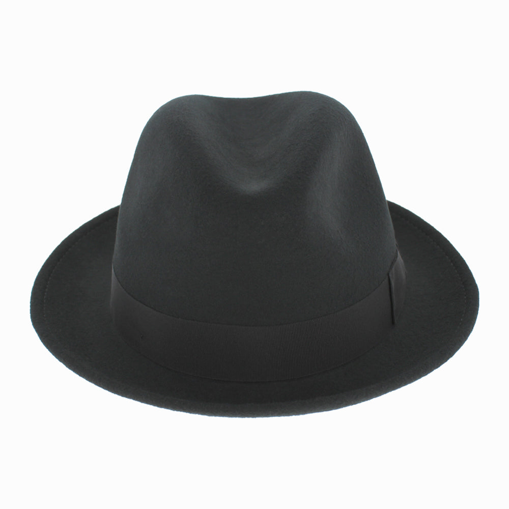 Model wearing Black Belfry Dolore stingy-brim wool fedora for refined fall winter styling