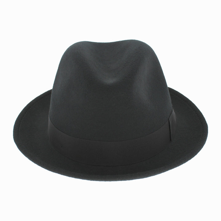 Model wearing Black Belfry Dolore stingy-brim wool fedora for refined fall winter styling