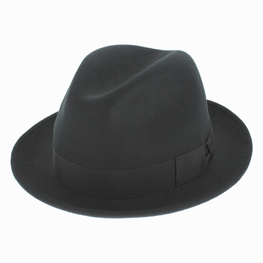 Black Belfry Dolore stingy-brim wool fedora with center crease and grosgrain band, perfect for fall winter styling