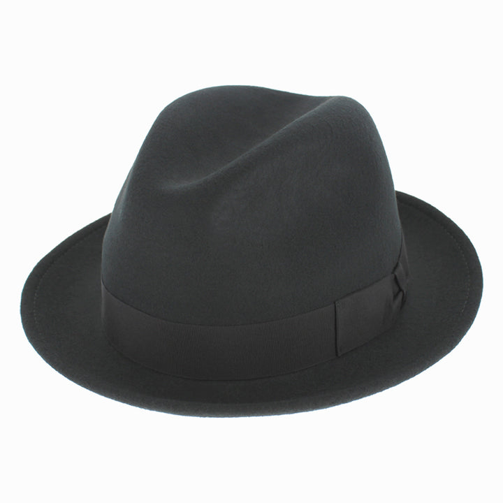 Black Belfry Dolore stingy-brim wool fedora with center crease and grosgrain band, perfect for fall winter styling